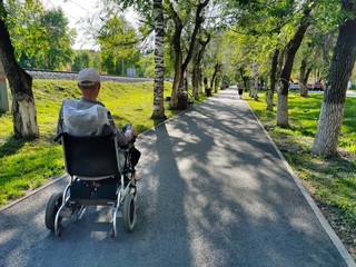 an unrecognizable disabled man in a wheelchair Park. a lone disabled person in an electric wheelchair moves along an empty summer alley.