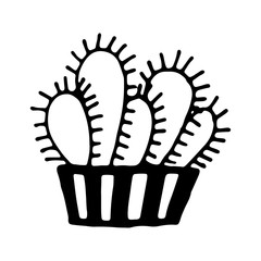 Hand drawn vector illustration of cactus in the pot. Doodle outline drawing isolated on white background. Exotic green houseplant. Home interior decoration. Black and white template for coloring