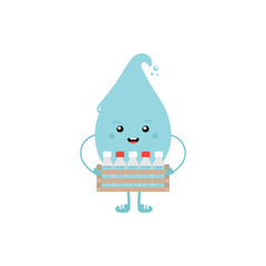 Cute cartoon water drop character holding box with water bottles. Hydration concept. 
