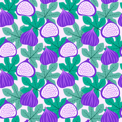 Abstract fruit pattern with figs and leaves. Vector illustration in hand drawn style.
