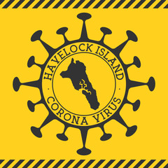 Corona virus in Havelock Island sign. Round badge with shape of virus and Havelock Island map. Yellow island epidemy lock down stamp. Vector illustration.