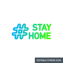 editable stroke line icon of Stay home for Social media in support of self isolation. staying at home Prevent coronavirus spread. Covid19 perfect outline single icon hashtag stayhome Isolated on white