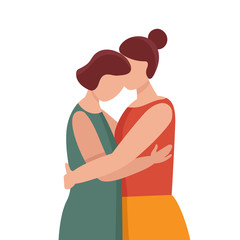 Two women in hugs. Concept of female support. Woman in difficult circumstances, victim of family and sexual violence. Psychological and friendly help. Cartoon vector illustration.