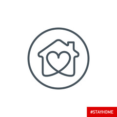 editable stroke line icon of Stay home for Social media in support of self isolation. staying at home Prevent coronavirus spread. Covid19 perfect outline single icon hashtag stayhome Isolated on white