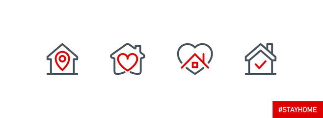 editable stroke line icons set of Stay home for Social media in support of self isolation. staying at home Prevent coronavirus spread. Covid19 perfect outline icon hashtag stayhome Isolated on white