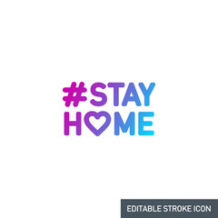 editable stroke line icon of Stay home for Social media in support of self isolation. staying at home Prevent coronavirus spread. Covid19 perfect outline single icon hashtag stayhome Isolated on white