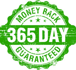 365 Days Money Back Guaranteed, Green Vintage, Retro Sticker, Badge, Icon, Stamp isolated on white background.
