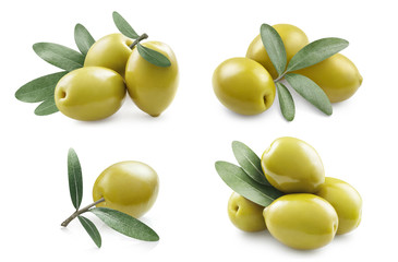 Delicious green olives set, isolated on white background