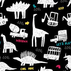 Childish seamless pattern with different cars and funny dinosaurs. Creative childish texture for fabric, wrapping, textile, wallpaper, apparel. Vector illustration. Black background. © bukhavets