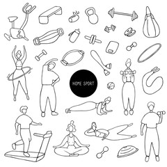 Big sport set. Icons of sports equipment and training people. Workout at home, sport exercises at home. Hand drawn vector graphic