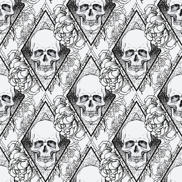 Human skull with peony, rose and poppy flowers over sacred geometry background. Seamless pattern. Tattoo design element. Vector illustration for wallpaper, textile print, wrapping paper.