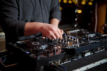 DMC World DJ event in Yotaspace nightclub.Dj audio equipment on stage.Disc jockey turntable,audio...