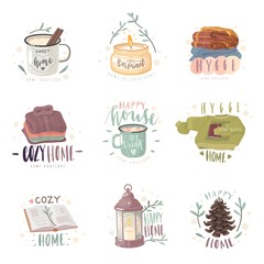 hygge cozy emblems set