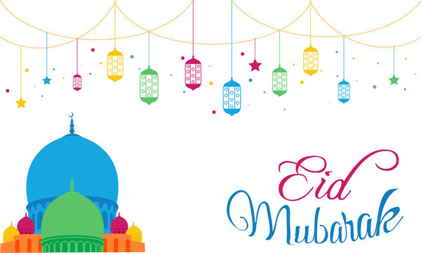 Eid Mubarak colorful  vector illustration with beautiful and awesome design, Islamic lantern with mosque design in Eid Mubarak background. Stars light with decoration and celebration
