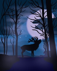 A lone deer in a dark blue forest. By moonlight.
