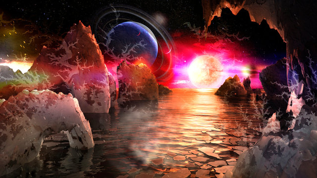 Alien planet landscape with bizarre mountains and many moons and planets in the sky. Elements of this image furnished by NASA.