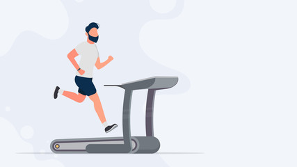 Sports banner with place for text. The guy on the treadmill. A man in shorts and a T-shirt runs on a simulator. Vector.