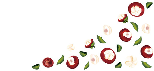 Set of fresh mangosteen in motion on white background. 3D realistic mangosteen. Whole and halves mangosteen with green leaf. Top view. Illustration