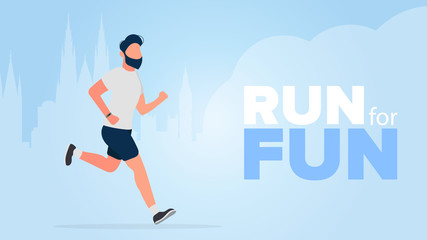Fototapeta na wymiar Run for fun. The guy is running. A man in shorts and a t-shirt jogs. Vector.