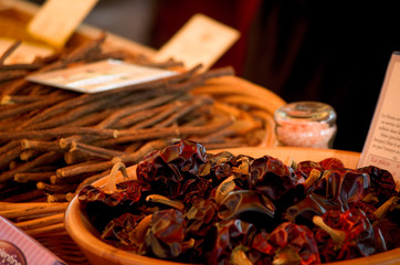 Dried peppers a market stall, France