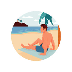 vector illustration of male character sitting on the beach, flat design concept