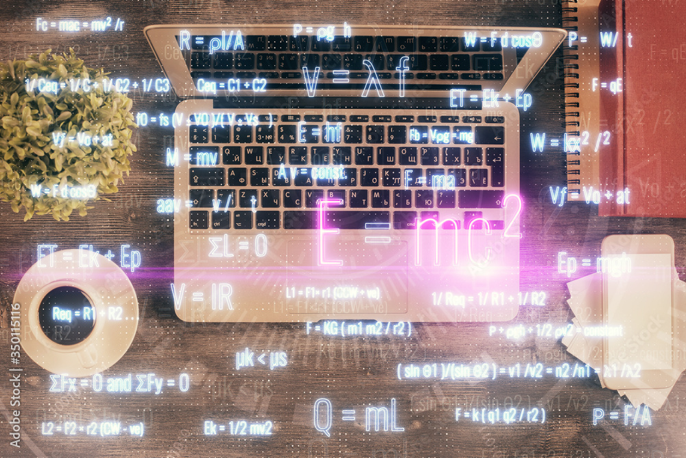 Poster Physics and math theme hologram with formula drawings over computer on the desktop background. Top view. Multi exposure. Concept of education.