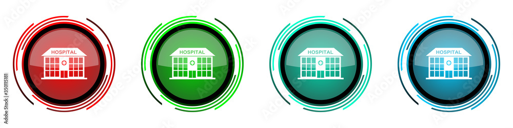 Aufkleber Hospital building round glossy vector icons, set of buttons for webdesign, internet and mobile phone applications in four colors options isolated on white background