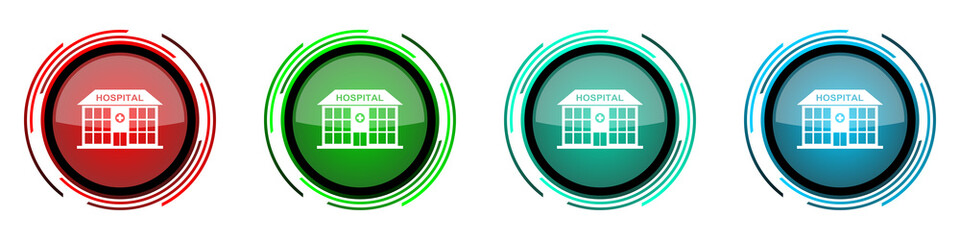 Hospital building round glossy vector icons, set of buttons for webdesign, internet and mobile phone applications in four colors options isolated on white background