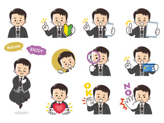 執事の男性バリエーション　初心者マーク　スマートフォン　タブレット　虫眼鏡　クレジットカード　ハート　OK　NO