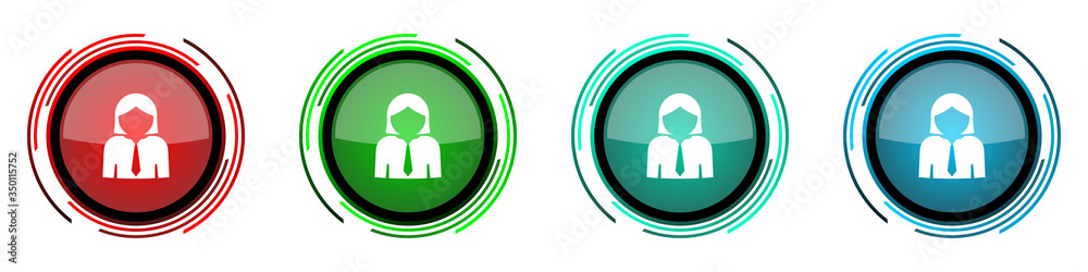 Poster woman round glossy vector icons, businesswoman, female set of buttons for webdesign, internet and mo
