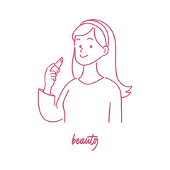 Beautiful young woman with lipstick, confidence expression, hand-drawn style vector illustration.