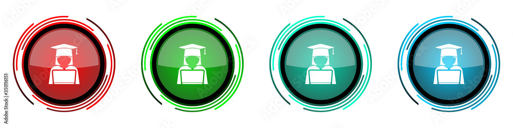 Poster Student with laptop round glossy vector icons, computer, education set of buttons for webdesign, internet and mobile phone applications in four colors options isolated on white background