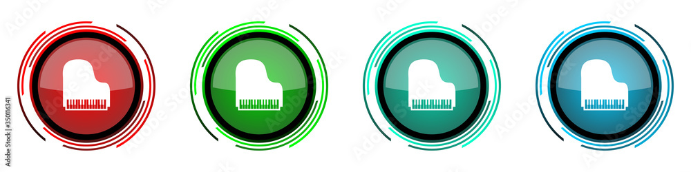 Poster Piano round glossy vector icons, music set of buttons for webdesign, internet and mobile phone applications in four colors options isolated on white background