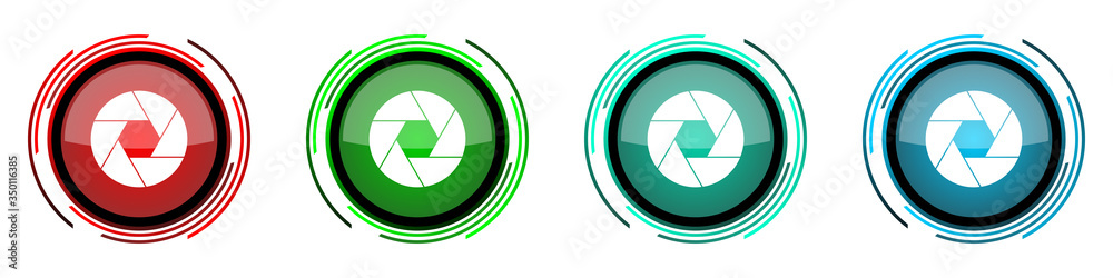 Poster Photo shutter round glossy vector icons, camera, photography set of buttons for webdesign, internet and mobile phone applications in four colors options isolated on white background