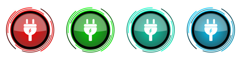 Eletricity round glossy vector icons, energy, power, plug set of buttons for webdesign, internet and mobile phone applications in four colors options isolated on white background