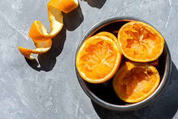  orange juice from above on gray backgrounds.