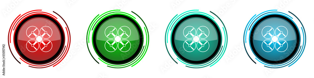 Poster Drone round glossy vector icons, copter set of buttons for webdesign, internet and mobile phone applications in four colors options isolated on white background