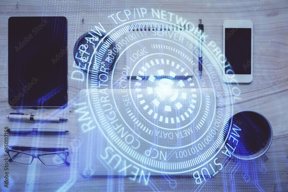 Aufkleber multi exposure of technology theme drawing over work table desktop. top view. global data analysis c