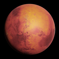 Mars, the red planet, isolated on black background 