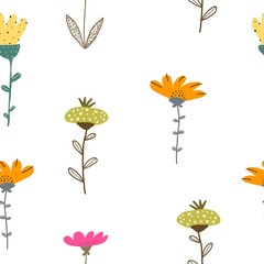 Seamless pattern with cartoon flowers. colorful vector. hand drawing. ornament, flat style. design for fabric, print, textile, wrapper