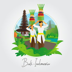 Balinese women carrying offering vector background