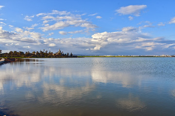 A view of Hala Sultan Tekke in Larnaca, Cyprus, with reflection in the Salt Lake.