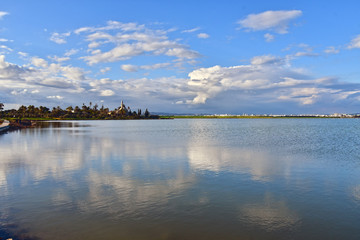 Fototapeta premium A view of Hala Sultan Tekke in Larnaca, Cyprus, with reflection in the Salt Lake.