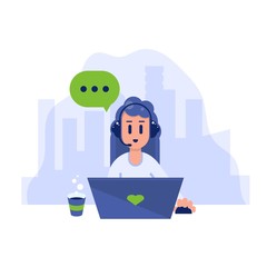 Happy woman with a laptop. Freelance worker busy with talking. Flat style modern vector illustration.