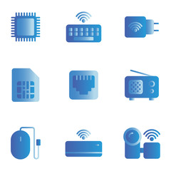 Electronic And Appliance icon set include processor,keyboard,charger,memory card,cable lan,radio,Mouse,air conditioner,camera