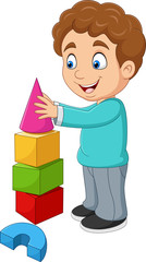Cartoon boy playing with building blocks