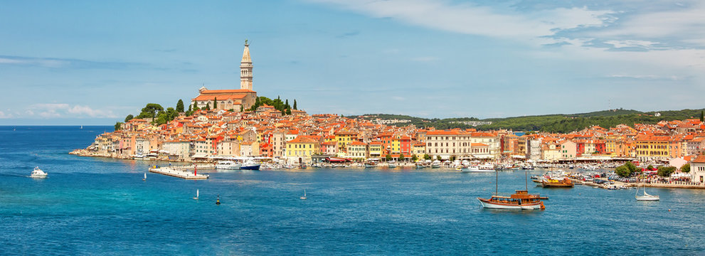 Panoramic view to Rovinj old town, popular tourist destination in Croatia