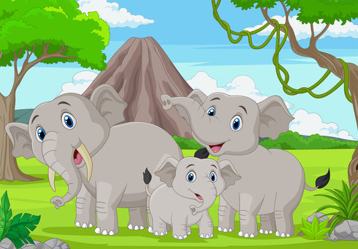 Cartoon elephants family in the jungle