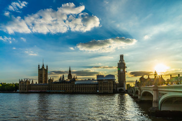 Big Ben, Houses of Parliament and Westminster bridge in London, UK.
