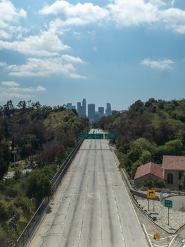 Los Angeles Skyline And Empty 110 Freeway, Los Angeles, California